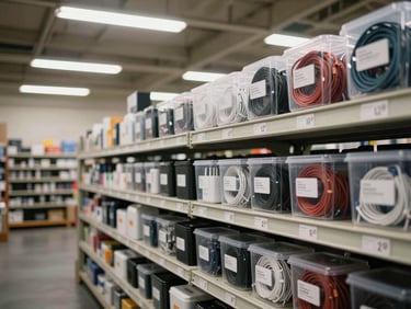 Wide shot of bulk accessories in labeled containers on warehouse shelving — cables, cases, chargers sorted by type, bright overhead fluorescent light, no people