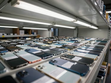 Wide studio shot of hundreds of used smartphones arranged in organized grid trays on a warehouse shelf under bright fluorescent lighting, serial labels visible on each unit, no people