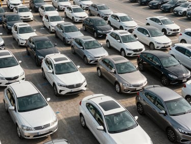 Overhead wide-angle shot of rows of used vehicles in a UAE dealership yard, bright midday sunlight, cars in clean organized lines, no people