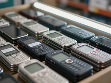 Close-up documentary shot of stacked mobile phones in organized bulk trays inside a warehouse, serial number labels visible, bright fluorescent lighting