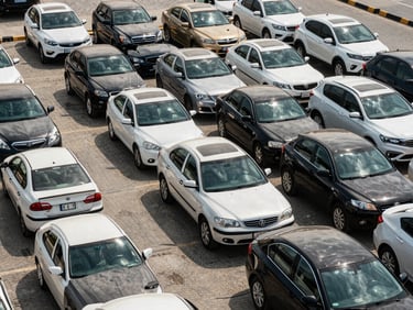 Overhead wide-angle shot of a row of used sedans and SUVs parked in a Dubai logistics yard under bright daylight, vehicle rooftops visible, documentary scale framing, no people