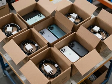 Close overhead shot of open cardboard export cartons filled with mobile accessories — cables, cases, and chargers — arranged on a warehouse packing table under bright daylight, bulk quantity visible, no people
