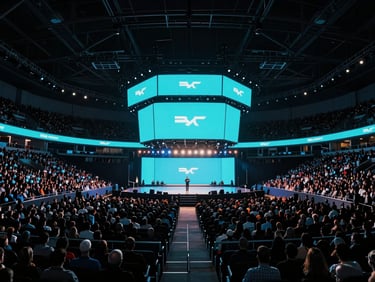 Wide architectural shot of a massive indoor arena crowd during a live brand launch, dramatic stage illumination with vibrant cyan LED screens, high-contrast moody tones, 35mm lens