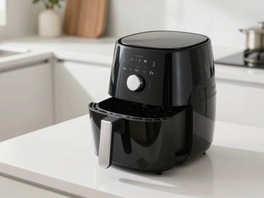 A modern air fryer sitting on a clean white kitchen counter, soft morning light reflecting on its glossy black surface.