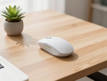 Ergonomic wireless office mouse on a minimalist wooden desk next to a small green plant, crisp details.