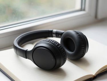 A pair of matte black noise-canceling headphones resting on an open notebook, soft side window lighting.