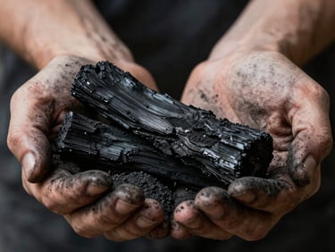 Macro crop of hands covered in charcoal dust holding a broken piece of vine charcoal, high-contrast lighting.