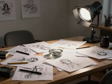 Wide cluttered environmental shot of a messy artist desk, overflowing ashtray, scattered sketches, harsh single-source studio light.