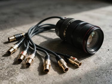 Tight shot of raw recording equipment, tangled XLR cables on a concrete floor, deep shadows.