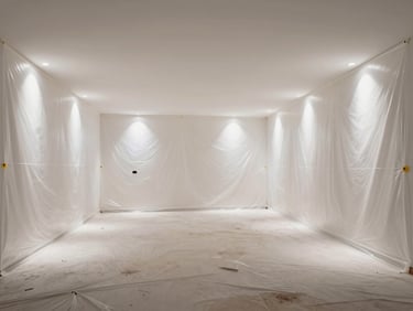Wide architectural elevation of an immaculate mid-progress living room renovation, protective plastic sheeting perfectly taped to the walls, bright white work lights illuminating clean dust-free floors.