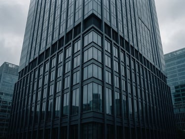 Architectural close-up of a modern financial district skyscraper corner, sharp geometric steel and glass lines, cool overcast daylight, desaturated slate tones, 35mm film photography