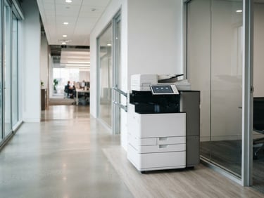 A modern sleek multifunction printer in a bright corporate office corridor, natural morning light, crisp details, professional corporate atmosphere, 35mm lens