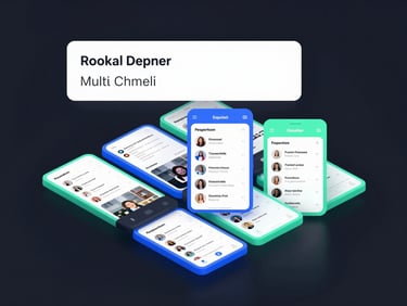 Sleek software UI rendering of a multi-channel social media dashboard in dark mode, showing a single prompt box transforming into five distinct, formatted post previews with vibrant electric blue and mint green borders, high-resolution digital graphic.