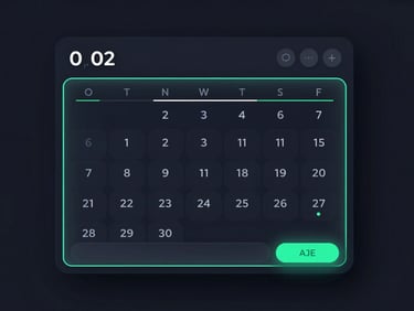 Sleek software UI rendering of a visual calendar dashboard in dark mode, showing scheduled posts with mint green borders, crisp vector details, isometric perspective.