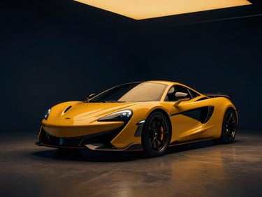 Sleek sports car in a low-key illuminated studio setup with deep navy shadows and bright amber highlights.