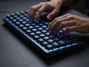 Macro close-up of hands typing on a sleek mechanical keyboard, glowing electric blue ambient light reflecting on dark keycaps, clean minimalist slate desk, high-contrast editorial photography, 35mm lens.