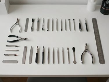 Wide shot of a clean minimal beauty workspace from above, tools arranged in precise order on a white surface—nail file, cuticle pusher, brow mapping ruler—natural daylight, no hands visible, organized and spare