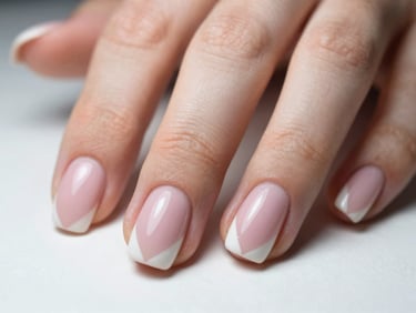 Close-up of finished nail set on a client's hand, geometric nail art in dusty pink and white, shot under diffused studio strobe light on a white surface, extreme macro framing that fills the frame with hand and nail detail