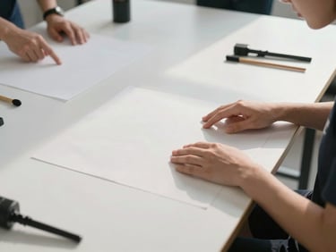 Wide shot of a training session in progress, right-bleed: a student's hands positioned over a practice surface while a second pair of hands points to a specific detail, clean studio workspace with minimal tools arranged on a white table, natural daylight from the right casting soft shadows, focus on the hands and work surface, no faces visible
