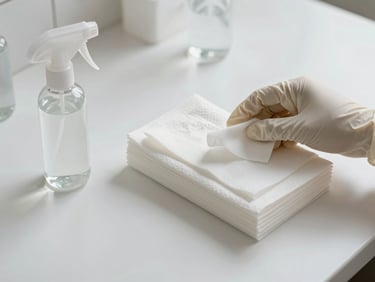 Close-up of a well-organized workspace surface with sanitation essentials — small spray bottle, nitrile gloves, lint-free wipes stacked neatly — shot in clean natural light from above on a white background, clinical and precise