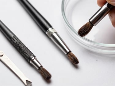 Extreme close-up of professional nail application tools laid flat on a white surface — nail forms, a kolinsky brush with fine tip, and a glass dappen dish — lit with clean studio light from above revealing texture and detail