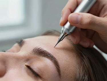 Macro close-up of a technician's hand holding a microshading stylus at the brow line of a client, natural window light illuminating fine hair-stroke detail, clean skin texture visible, clinical and precise framing