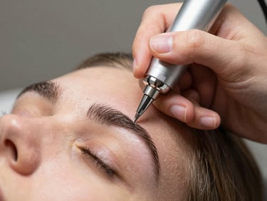 Close-up shot of hands performing microshading application on client brow, showing the digital machine tool in use, steady hand positioning, client skin visible, studio lighting showing the technique in progress