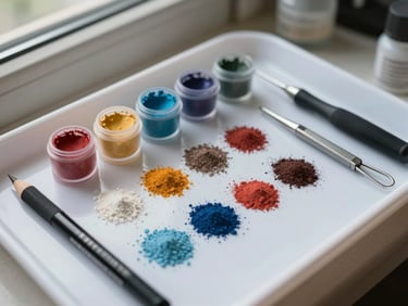 Close-up top-down view of microshading pigments and mapping supplies arranged on a clean white tray — small ink cups, a mapping pencil, and a microshading hand tool — natural daylight from a side window showing pigment color clearly