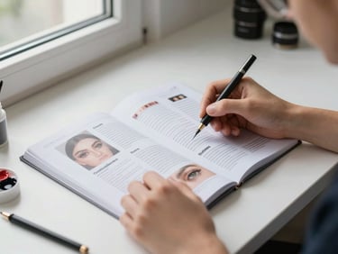Medium shot of hands holding a microshading training manual open on a clean white desk, natural window light from the left, a pigment cup and brow mapping pencil visible at the edge of the frame, precise and organized workspace