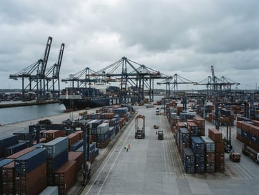 Wide architectural shot of a modern container terminal, cool overcast daylight, desaturated slate and steel tones, sharp focus, 35mm