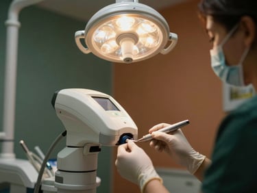 Focused hands of a dentist operating high-tech digital dental equipment under warm interior clinic lighting, 35mm