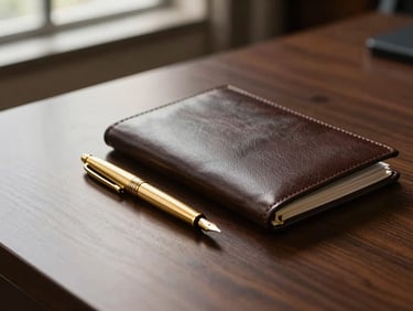 Close-up of a clean executive desk surface in a premium law office, a single open leather portfolio beside a brushed-gold fountain pen, warm ambient light from a window to the left casting a soft shadow across dark wood grain, telephoto compression, no people