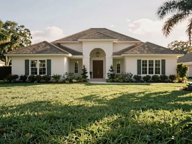Bright, clean daylight photography of a suburban family estate in Tampa Bay, manicured green lawn, soft shadows, warm editorial style, 35mm