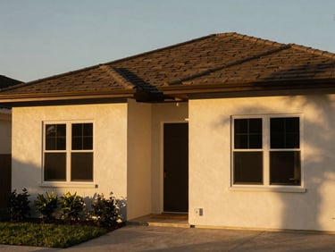Warm editorial photography of a modern Florida home exterior, golden-hour natural light, rich saturated tones, clean architectural framing, 35mm