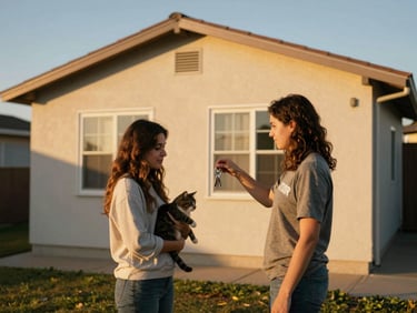 Volunteer handing keys to a young woman with a cat outside a small, newly built home, golden hour, documentary style.