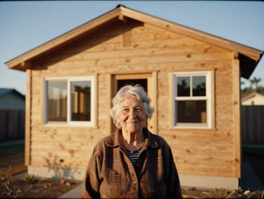 Elderly woman smiling in front of a newly built small wooden house, warm California sun, documentary style.
