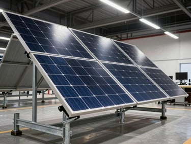 A modern solar showroom display featuring monocrystalline solar panels mounted on robust galvanized iron structures under bright indoor lighting