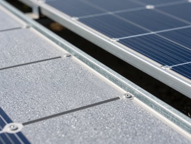 Close-up of high-grade monocrystalline half-cut solar panel texture, robust galvanized iron mounting structures, bright direct midday sunlight.
