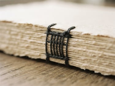 Macro shot of heavy cream-colored paper edge and linen binding threads under soft north-facing window light, 35mm photography