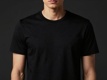 Studio shot of a model wearing a minimalist black crewneck t-shirt, moody lighting, dark background