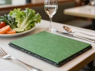 A beautifully set restaurant table with fresh ingredients, a slate menu visible, warm inviting bistro atmosphere.