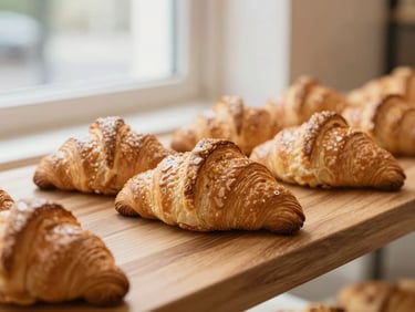 Close-up of golden croissants on a wooden counter inside a warm bakery, soft natural window light, shallow depth of field.