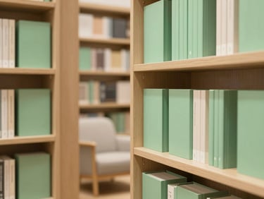 Cozy library aisle with neatly organized bookshelves, a small reading armchair in the background, soft warm lighting.