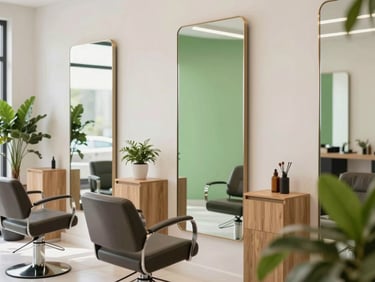 Bright modern hair salon interior with elegant mirrors, green plants, and warm wooden accents, natural daytime lighting.