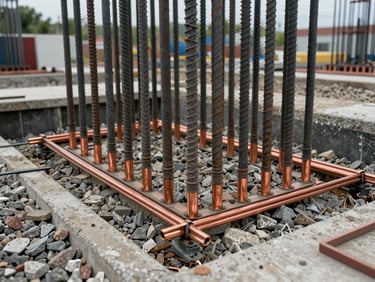 Grounding rod array and copper bonding strips installed at a building foundation, overcast outdoor light, gravel and concrete surroundings, wide environmental framing