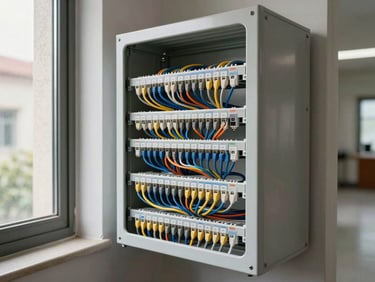 Structured cabling tray with data and signal cables neatly bundled and labeled inside a building corridor, natural daylight from a side window, shallow depth of field on connectors