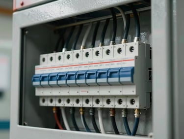 Close-up of an electrical distribution panel with neatly routed cables and labeled circuit breakers mounted on a concrete wall, overcast workshop light, sharp terminals in focus