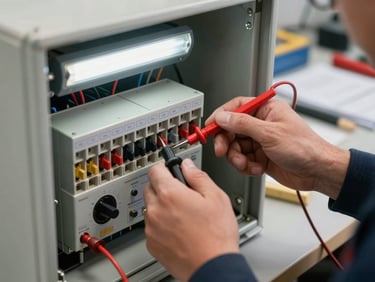 Technician's hands using a multimeter probe on terminal blocks inside an open electrical panel, workshop fluorescent light, tools and documentation visible in background