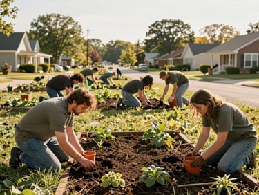 Local community volunteers planting a neighborhood garden together on a beautiful sunny day in Indiana.