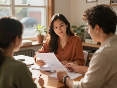 A focused housing counselor meeting with a resident in a warm, sunlit office, reviewing documents together with a welcoming and supportive expression.